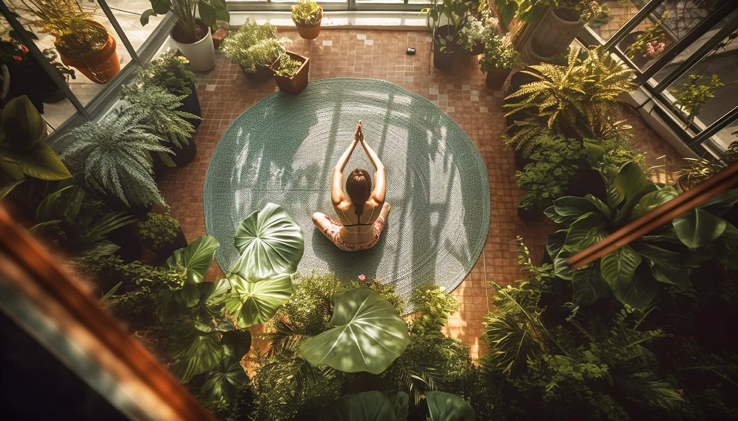 Person performing yoga in a lush, plant-filled indoor wellness space